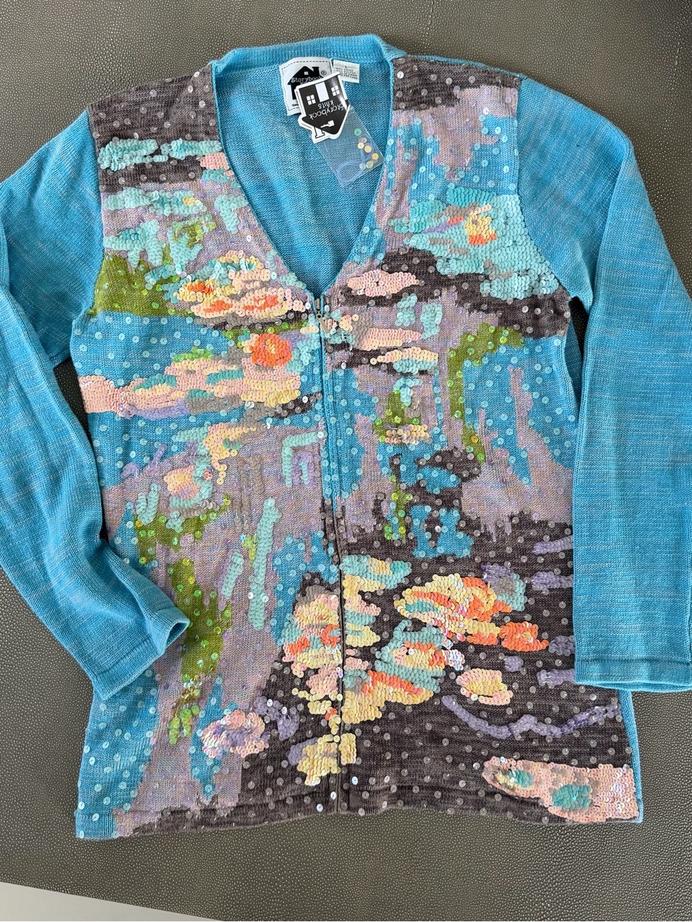 Storybook Knits Aqua Multicolor Sequin Embellished Cardigan Water Lilly